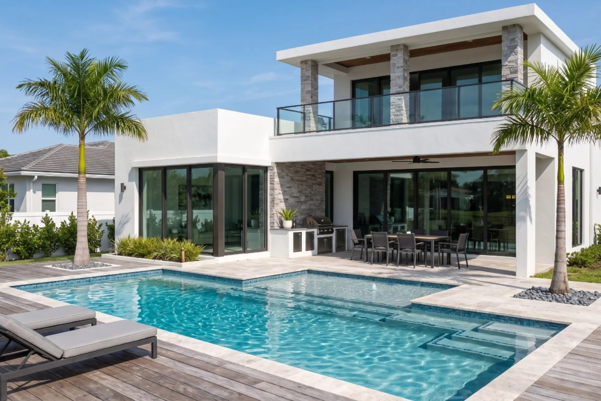 Ultra-Luxury Modern Pool Villa with Stacked Ledger Stone and Turquoise Pool